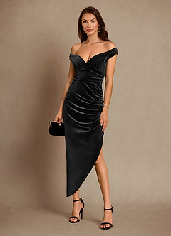 Azazie Nabila Mother of the Bride Dresses Black Column Off the Shoulder Velvet Dress image5