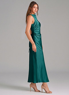 Azazie Evadne Vestidos de damas de honor Vestido de Pavo Real de Satén Elástico de Corte Recto con Plisado image4