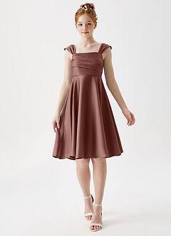 Azazie Amira Junior Espresso A-Line Pleated Stretch Satin Dress image1