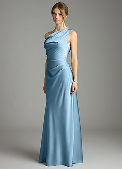 Azazie Emerson Bridesmaid Dresses Steel Blue Mermaid Off the Shoulder Stretch Satin Dress image2