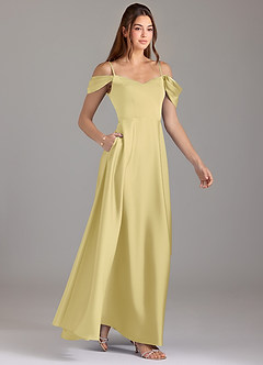 Azazie Marley Bridesmaid Dresses Lemon Sorbet A-Line Off the Shoulder Stretch Satin Convertible Dress image4