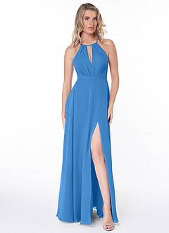 Azazie Evalleen Robes de demoiselle d'honneur Robe Trapèze en Mousseline de soie Plissée Geai Bleu image2