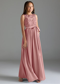 Azazie Elly Junior Abito A-Line in Chiffon Pizzo Rosa Polverosa image4
