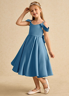 Azazie Favia Flower Girl Dresses Steel Blue A-Line Off the Shoulder Matte Satin Dress image6