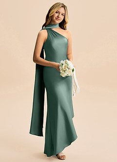 Azazie Briony Junior Eucalyptus Sheath Pleated Stretch Satin Dress image4