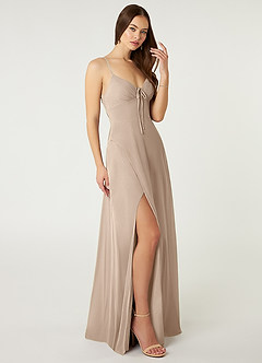 Azazie Minie Bridesmaid Dresses Taupe A-Line Bow Chiffon Dress image4