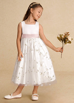 Azazie Pollie Flower Girl Dresses Ivory Blushing Pink A-Line Bow Tulle Dress image10