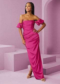 Barbie ♥ Azazie Bridesmaid Dresses Barbie Pink Sheath Off the Shoulder Stretch Satin Convertible Dress image3