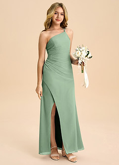 Azazie Eren Junior Abito A-Line in Chiffon Plissettato Matcha image3