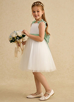 Azazie Lona Abiti da Ragazza di Fiori Abito A-Line in Raso Opaco Fiocco Avorio Salvia Polverosa image4