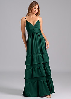 Azazie Nathalia Bridesmaid Dresses Emerald A-Line Pleated Stretch Satin Dress image1
