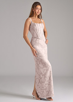 Azazie Kenna Bridesmaid Dresses Blushing Pink Sheath Side Slit Floral Burnout Dress image4