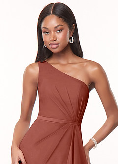 Azazie Liza Jurken voor bruidsmeisjes Jurk van Chiffon met Zeemeermin One-Shoulder Kastanjebruin image5