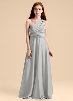 Azazie Charlize Junior Vestido de Plata de Satén Elástico de Corte en A con Plisado image1