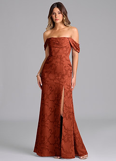 Azazie Saige Bridesmaid Dresses Auburn A-Line Off the Shoulder Floral Burnout Convertible Dress image1