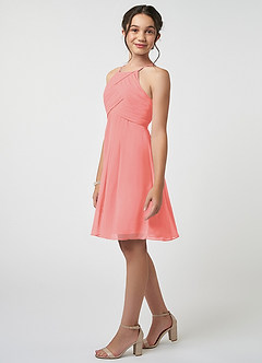 Azazie Ginny Junior Coral A-Line Pleated Chiffon Dress image3
