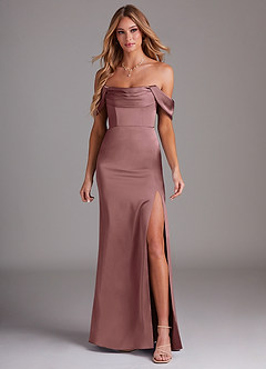 Azazie Saige Bridesmaid Dresses Vintage Mauve Sheath Off the Shoulder Stretch Satin Dress image3