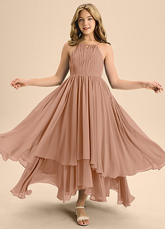 Azazie Elliora Junior Abito A-Line in Chiffon Plissettato Champagne Rosa image5