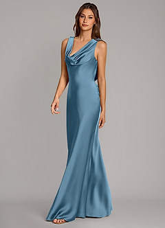 Azazie Cheryl Vestidos de damas de honor Vestido de Azul Acero de Satén Elástico de Corte Sirena image3