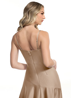 Azazie Kayla Bridesmaid Dresses Taupe Sheath Side Slit Stretch Satin Dress image5