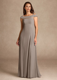 Azazie Ewa Mother of the Bride Dresses Taupe A-Line Off the Shoulder Mesh Dress image5