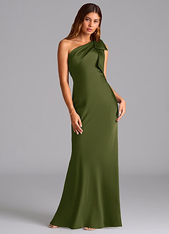Azazie Yuanna Bridesmaid Dresses Bright Olive Mermaid One Shoulder Stretch Satin Dress image3