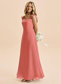 Azazie Mavie Junior Abito A-Line in Chiffon Increspato Salmone Rosa image3