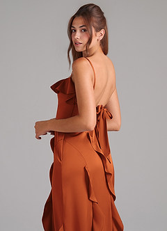 Azazie Malia Bridesmaid Dresses Cinnamon A-Line Side Slit Stretch Satin Dress image2