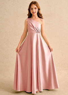 Azazie Puddles Girls Formal Flower Girl Dresses Rosette A-Line One Shoulder Matte Satin Dress image5