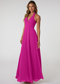 Azazie Tessie Vestidos de damas de honor Vestido de Fucsia de Gasa de Corte en A con Cuello en V plisado image3