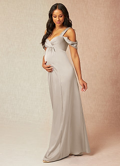 Azazie Rhea vestidos de dama de honor de maternidad Vestido de Corte En A Off The Shoulder Plisado Hasta el suelo Satén Elástico image3