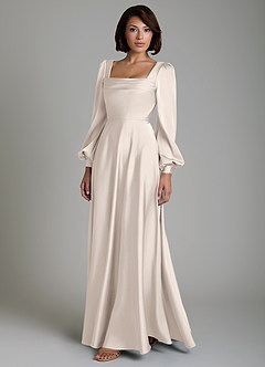 Azazie Solana Bridesmaid Dresses White Alabaster A-Line Long Sleeve Stretch Satin Dress image6