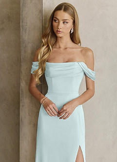 Azazie Saige Bridesmaid Dresses Sea Glass Sheath Off the Shoulder Stretch Satin Dress image2