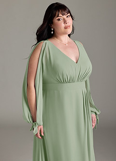 Azazie Matilda Brautjungfernkleider A-Linie Langarm Chiffon Kleid Staubiger Salbeigrün image15