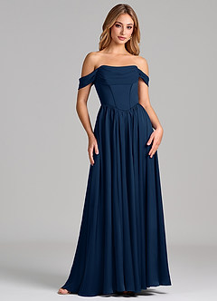 Azazie Raisa Bridesmaid Dresses Dark Navy A-Line Off the Shoulder Stretch Satin Dress image4