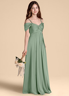 Azazie Kaitlynn Junior Abito A-Line in Raso Elasticizzato a Spalla Scoperta Matcha image5