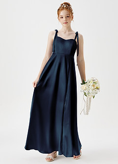 Azazie Rosey Junior A-Linie Herzausschnitt Metallischer Satin Kleid Dunkelmarine image3