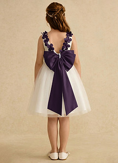 Azazie Lona Abiti da Ragazza di Fiori Abito A-Line in Raso Opaco Fiocco Avorio Prugna image2