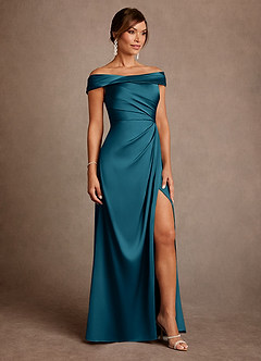 Azazie Bedford Mother of the Bride Dresses Ink Blue Sheath Pleated Stretch Satin Dress image4