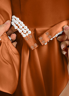 Azazie Gabriella Flower Girl Dresses Copper Ball-Gown with Sleeves Matte Satin Dress image7
