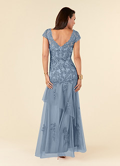 Azazie Romy vestidos de madre de la novia Vestido de Azul Polvoriento de Tul de Sirena con Cuello en V Lentejuelas image4