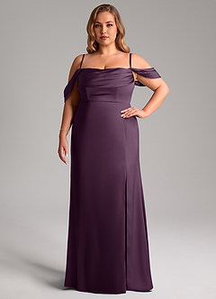 Azazie Saige Bridesmaid Dresses Plum Sheath Off the Shoulder Stretch Satin Dress image15