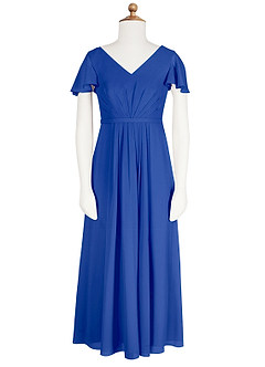 Azazie Peony Junior Robe Trapèze en Mousseline de soie Plissée Bleu Roi image6