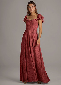 Azazie Aricella Bridesmaid Dresses Terracotta A-Line Corset Floral Burnout Dress image3