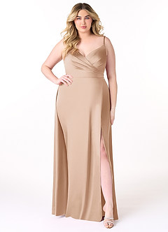 Azazie Dalilah Robes de demoiselle d'honneur Robe Trapèze en Satin extensible Col V plissé Rose Perle image6