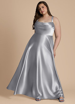 Azazie Shaude Bridesmaid Dresses Silver A-Line Pleated Metallic Satin Dress image11