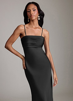 Azazie Saylor Vestidos de damas de honor Vestido de Negro de Satén Elástico de Corte Sirena con Sin tirantes image3