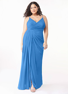 Azazie Evalin Bridesmaid Dresses Blue Jay A-Line V-Neck Pleated Mesh Dress image7