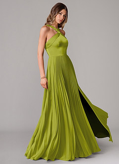 Azazie Afra Abiti da Damigella Abito A-Line in Raso Elasticizzato Plissettato Citronella image3