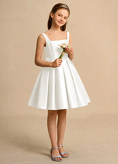 Azazie Jello Junior Formal Flower Girl Dresses Ivory Ball-Gown Pleated Matte Satin Dress image4